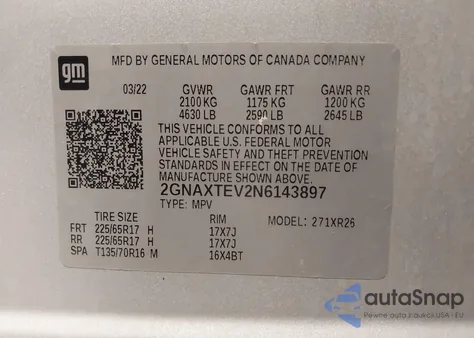 2022 Chevrolet Equinox Awd 2Fl from USA, damaged, VIN 2GNAXTEV2N6143897